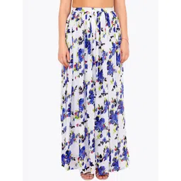 Cation Women White & Blue Floral Print Flared Maxi Skirt-picture-24