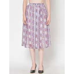 Cation Women White & Blue Floral Printed Flared Skirt-picture-31