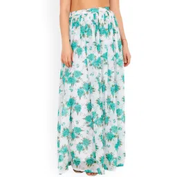 Cation Women White & Teal Green Floral Print Flared Maxi Skirt-picture-25