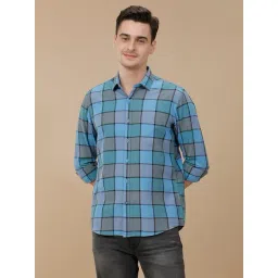 CAVALLO by Linen Club Blue Linen Blend Slim fit Checks casual shirts-picture-11