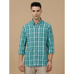 CAVALLO by Linen Club Green Linen Blend Slim fit Checks casual shirts-picture-33