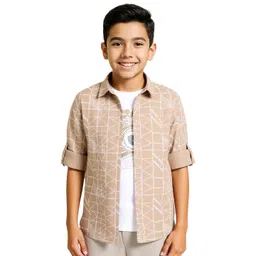 CAVIO Boys Cream Comfort Spread Collar Cotton Printed Full Sleeve Casual Shirt-picture-41