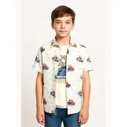 Cavio Boys Cream Cotton Printed Comfort Fit Shirt with T-Shirt-picture-35