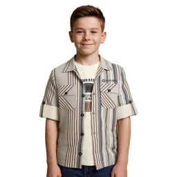 Cavio Boys Cream Cotton Striped Shirt with T-Shirt-picture-16