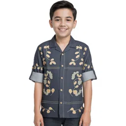 CAVIO Boys Navy Blue Printed Spread Collar Long Sleeves Cotton Shirt-picture-30