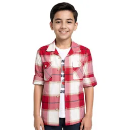 CAVIO Boys Pack of 2 Red Checks Full Sleeve Casual Shirt & T-Shirt-picture-34
