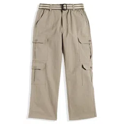 CAVIO Cotton Blend Woven Full Length Solid Cargo Pants With Belt Set - Khaki-picture-20