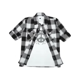 CAVIO Cotton Full Sleeves Checked Shacket Shirt & Typography Printed Tee - Black-picture-34