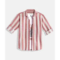 CAVIO Cotton Full Sleeves Zigzag Printed Shirt With Tee - Peach-picture-35