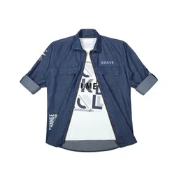 CAVIO Cotton Full Sleeves Zipper Shirt With Typography Printed Tee - Navy Blue-picture-39