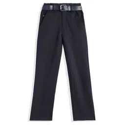 CAVIO Cotton Lycra Woven Solid Trousers With Belt - Navy Blue-picture-17