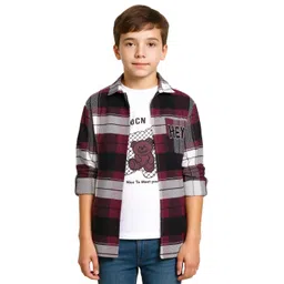 CAVIO Cotton Woven Full Sleeves Checked Shirt With Teddy Bear Printed Tee - Maroon-picture-38