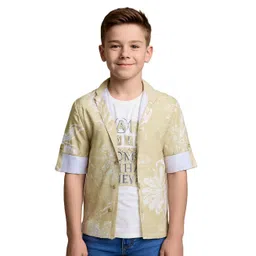 CAVIO Cotton Woven Full Sleeves Floral Printed Shirt With Tee - Khaki-picture-27