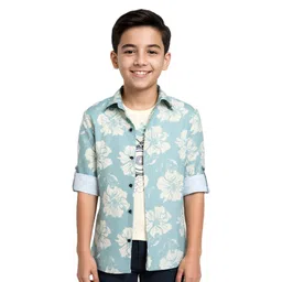 CAVIO Cotton Woven Full Sleeves Floral Printed Shirt With Tee - Sea Green-image-22