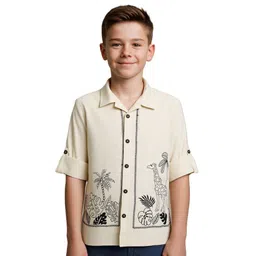 CAVIO Cotton Woven Full Sleeves Jungle Theme Embroidered Shirt - Cream-picture-14