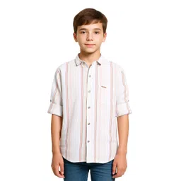 CAVIO Cotton Woven Full Sleeves Striped Shirt - Peach-image-23