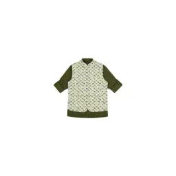 Cavio Kids Olive & Cream Printed Kurta with Nehru Jacket-picture-12