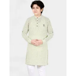 Cavio Kids Pista Green & White Cotton Embroidered Full Sleeves Kurta Set-picture-12