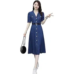 c.cozami Short Sleeves Silky Denim Long Dress for Women-picture-24