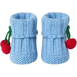 cdeck Knitted Woolen Booties for Babies (0-6 Months) | Soft & Warm Handcrafted Baby Shoes with Cherry Pom Design | Cozy Winter Footwear for Newborn Boys & Girls | Blue-picture-26