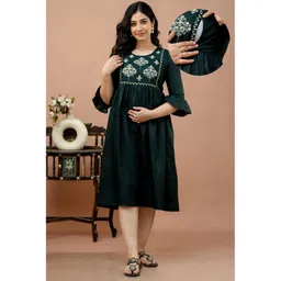 CeleBravo Cotton Blend Three Fourth Bell Sleeves Floral Embroidered Maternity Dress With Nursing Access - Dark Green-picture-14