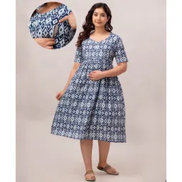 CeleBravo Pure Cotton Half Sleeves Ikat Printed Maternity Dress With Nursing Access - Blue-picture-10