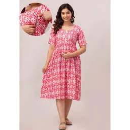 CeleBravo Pure Cotton Half Sleeves Ikat Printed Maternity Dress With Nursing Access - Pink-picture-20