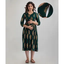 CeleBravo Rayon Three Fourth Sleeves Floral Foil Motifs Printed Maternity Dress With Nursing Access - Green-picture-12