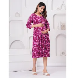 CeleBravo Rayon Three Fourth Sleeves Floral Printed Maternity Dress With Nursing Access - Purple image 4