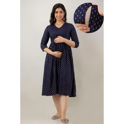 CeleBravo Rayon Three Fourth Sleeves Foil Ethnic Motifs Printed Maternity Dress With Nursing Access - Blue-picture-33