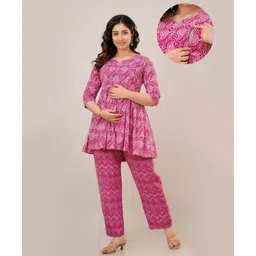 CeleBravo Rayon Three Fourth Sleeves Paisleys Printed Maternity Kurta With Nursing Access & Pant Set - Pink-picture-34