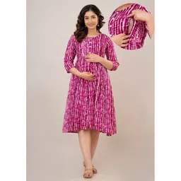 CeleBravo Rayon Three Fourth Sleeves Tie Dye Maternity Dress With Nursing Access - Purple-picture-26