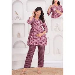 CeleBravo Rayon Woven Three Fourth Sleeves Floral Printed Maternity Ethnic Kurta With Nursing Access & Pant Set - Maroon-picture-24