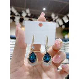 Celestique 925 Silver Artificial Stones Studded Korean Teardrop Shaped Drop Earrings-picture-11