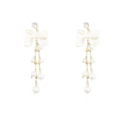 Celestique Artificial Stones Studded & Pearls Beaded Korean Bow Shaped Drop Earrings-picture-13