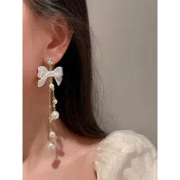 Celestique Artificial Stones Studded & Pearls Beaded Korean Bow Shaped Drop Earrings-picture-39