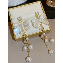Celestique Artificial Stones Studded & Pearls Beaded Korean Bow Shaped Drop Earrings-picture-22