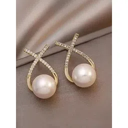 Celestique Artificial Stones Studded & Pearls Beaded Korean Cross Drop Earrings-picture-28