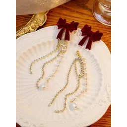 Celestique CZ Studded & Pearls Beaded Bow Shaped Korean Tasselled Drop Earrings-picture-14