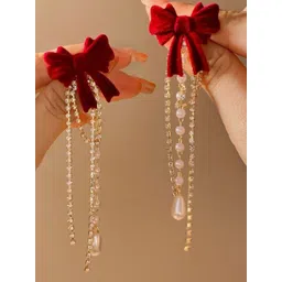 Celestique CZ Studded & Pearls Beaded Bow Shaped Korean Tasselled Drop Earrings-picture-20