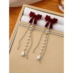 Celestique CZ Studded & Pearls Beaded Bow Shaped Korean Tasselled Drop Earrings-picture-15