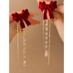 Celestique CZ Studded & Pearls Beaded Bow Shaped Korean Tasselled Drop Earrings-picture-11
