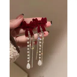 Celestique CZ Studded & Pearls Beaded Bow Shaped Korean Tasselled Drop Earrings-picture-16