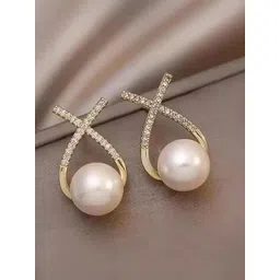 Celestique Gold-Plated Cross Stone Studded & Pearl Beaded Korean Studs-picture-33