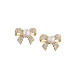 Celestique Gold-Plated Pearl & Zircon Studded Bow Shaped Studs-image-48