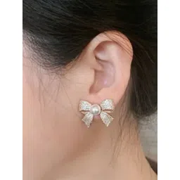 Celestique Gold-Plated Zircon Studded Bow Shaped Studs-image-3