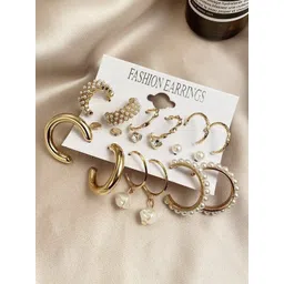 Celestique Pack Of 18 Gold Plated Pearl Studded Contemporary Hoop Earrings-picture-24