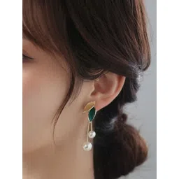 Celestique Pearls Beaded Enamelled Leaf Shaped Drop Earrings-picture-37