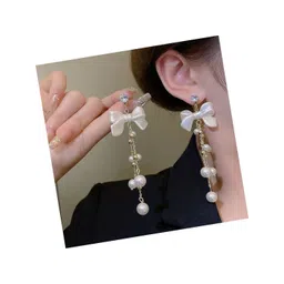 Celestique Pearls Beaded Korean Tasselled Bow Shaped Drop Earrings-picture-27