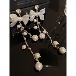 Celestique Pearls Beaded Korean Tasselled Bow Shaped Drop Earrings-picture-26
